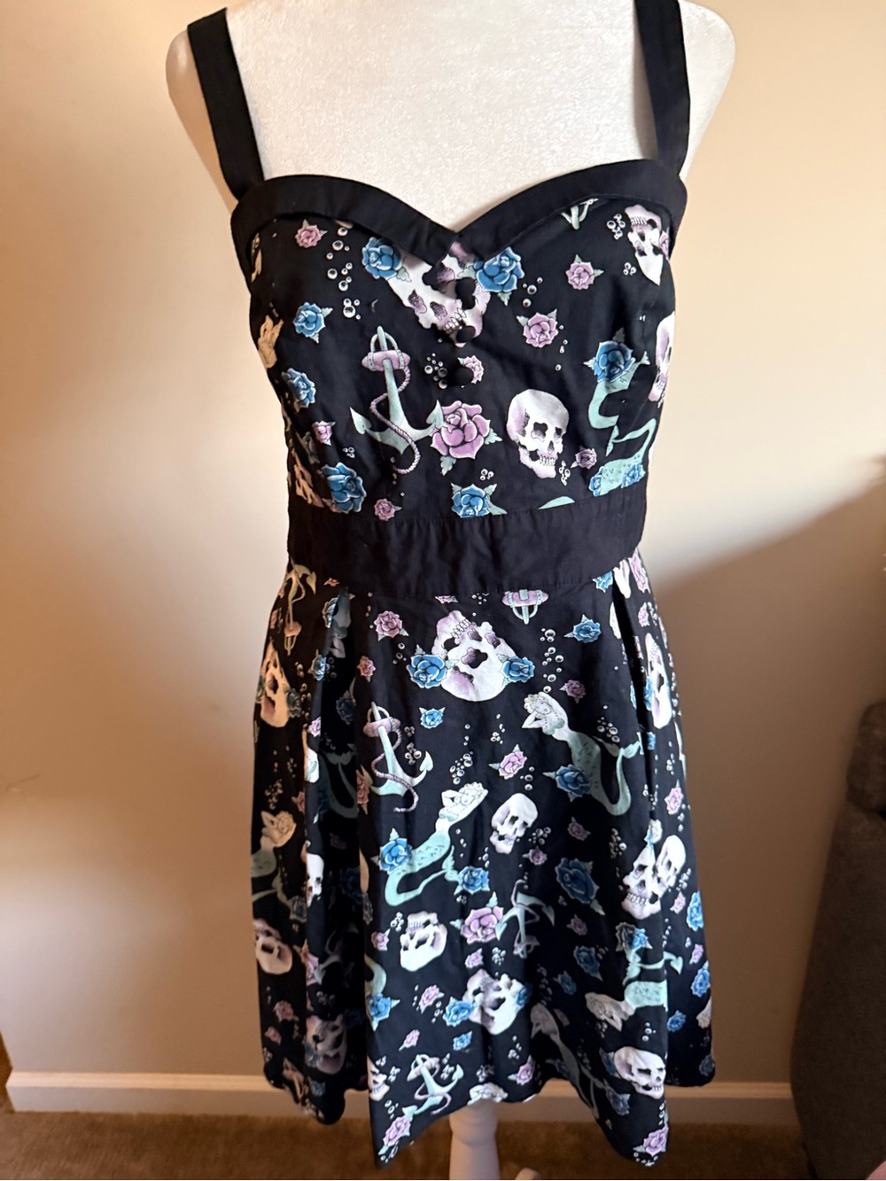 Vtg Hot Topic skull mermaid fit flare dress rockabilly pinup sz L